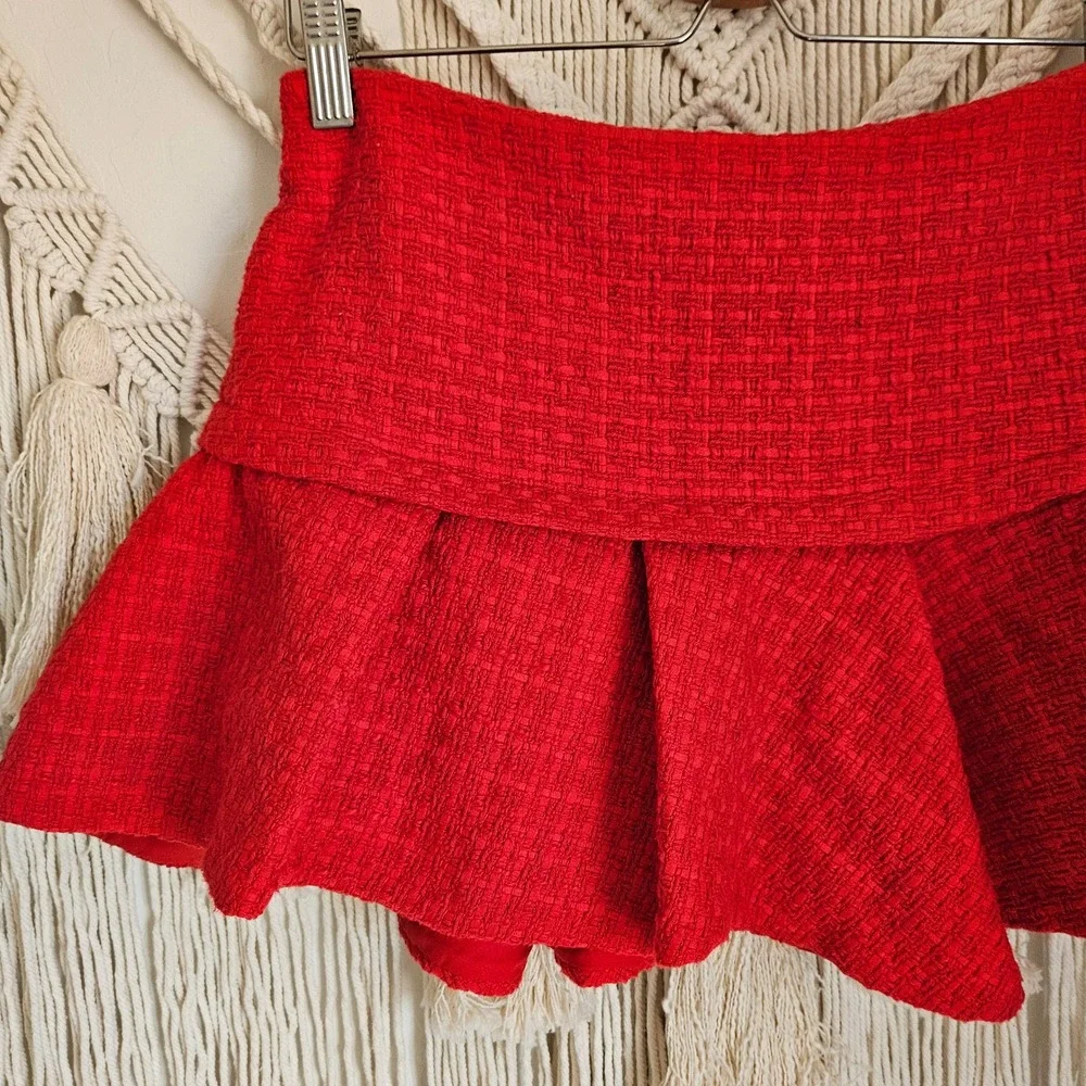 Maje Tweed Ruffled Pleated Asymmetrical Red Micro Mini Skort Skirt US S EU 36